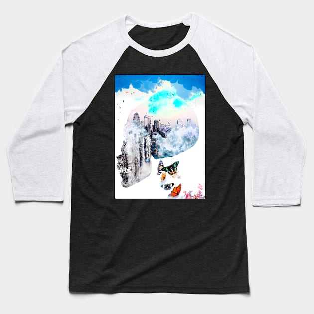 Mystic Skull beautiful blue sky city scape butterfly Baseball T-Shirt by Glass Table Designs